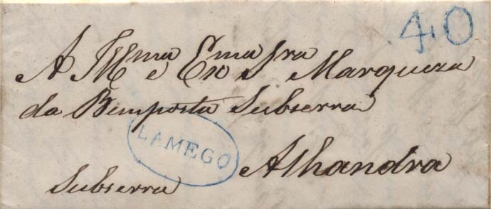 0303.jpg -     Lote:    303            Portugal        Descrição:      Lamego   &mdash; A azul, GM LMG3 em carta datada de Lamego (04.04.50) para Alhandra com o porte de 40 reis batido a azul. MB.        Carta       Valor Base:     &euro; 10,00     Valor Venda:     &euro; 10,00     