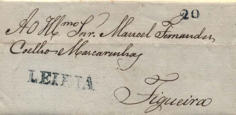 0305.jpg -     Lote:    305            Portugal        Descrição:      Leiria   &mdash; A verde, GM LRA4 em carta datada da Marinha Grande (14.11.1834) para a Figueira, com o porte de 20 reis batido a verde. MB e R.        Carta       Valor Base:     &euro; 50,00     Valor Venda:     Retirado     