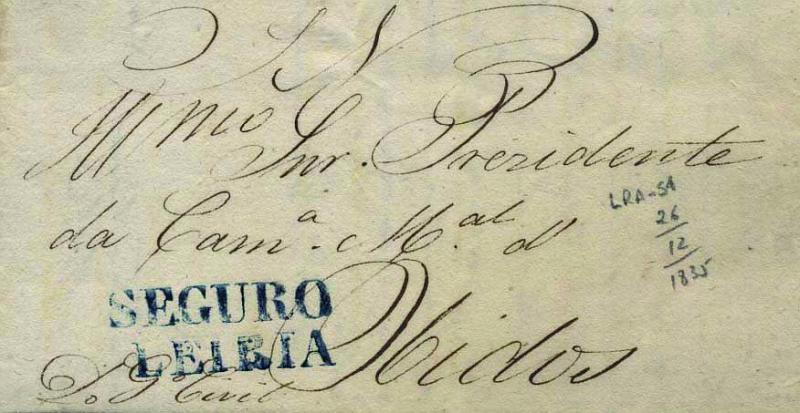 0306.jpg -     Lote:    306            Portugal        Descrição:      Leiria /Seguro   &mdash; A azul, GM LRA-S1 em carta datada de Leiria (26.12.35) para Óbidos, isenta de porte.        Carta       Valor Base:     &euro; 250,00     Valor Venda:     Retirado     