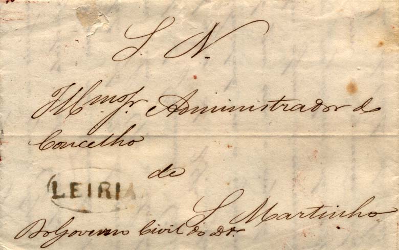 0308.jpg -     Lote:    308            Portugal        Descrição:      Leiria   &mdash; A sépia, GM LRA3 em carta datada de Leiria (18.02.46) para S. Martinho, isenta de franquia. B.        Carta       Valor Base:     &euro; 20,00     Valor Venda:     &euro; 38,00     