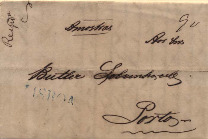 0310.jpg -     Lote:    310            Portugal        Descrição:      Lisboa   &mdash; A azul, GM LSB8 em carta datada de Lisboa (24.08.1839) para o Porto com o porte de 90 reis manuscrito a sépia + inscrição manuscrita "Amostras".        Carta       Valor Base:     &euro; 10,00     Valor Venda:     &euro; 12,00     