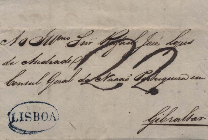 0311.jpg -     Lote:    311            Portugal        Descrição:      Lisboa   &mdash; A azul, GM LSB10, em carta datada de Lisboa (03.07.41) para Gibraltar, assinada pelo Duque de Palmela, porteada à chegada com 22c. MB.        Carta       Valor Base:     &euro; 15,00     Valor Venda:     &euro; 15,00     