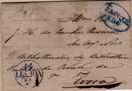 0315.jpg -     Lote:    315            Portugal        Descrição:      Lisboa / Franqueada   &mdash; A azul, GM LSB PP5 + LSB17 em carta datada de Lisboa (14.02.44) para Évora, com a inscrição manuscrita a sépia "P. 25".        Carta       Valor Base:     &euro; 40,00     Valor Venda:     Retirado     