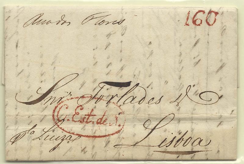 0317.jpg -     Lote:    317            Portugal        Descrição:      Lisboa &mdash; C. Est. de N.   &mdash; A vermelho, GM LSB CEst1 em carta datada de Pernambuco (06.12.1832) para Lisboa, porteada com 160 reis batido a vermelho. No verso mal batida a vermelho "G.M." &mdash; GM LSB DIV5. MB.        Carta       Valor Base:     &euro; 50,00     Valor Venda:     &euro; 65,00     
