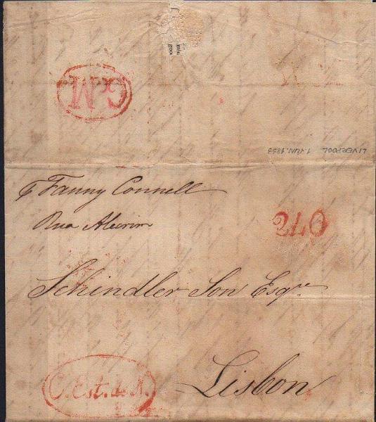 0319.jpg -     Lote:    319            Portugal        Descrição:      Lisboa * C. Est. de N. / G.M.   &mdash; A vermelho, GM LSB CEst1 e LSB DIV5 em carta datada de Liverpool (01.06.33) para Lisboa, com o porte de 240 reis batido a vermelho.        Carta       Valor Base:     &euro; 100,00     Valor Venda:     Retirado     
