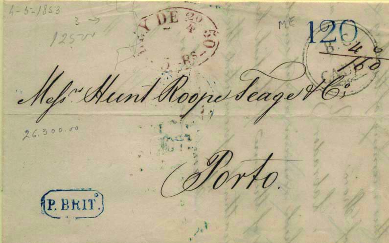 0320.jpg -     Lote:    320            Portugal        Descrição:      Lisboa / P. BRIT.º + Ley do Selo   &mdash; A azul e violeta. GM LSB PB1 e selo fixo do imposto postal tipo I de 5 reis em carta datada de Cadiz (04.05.53) para o Porto (10.05.53) com trânsito por Lisboa (07.05.53) porteada em 120 reis em azul + 40 reis manuscritos a sépia pelo porte territorial. B.        Carta       Valor Base:     &euro; 30,00     Valor Venda:     Retirado     