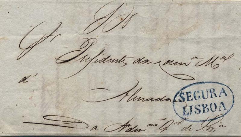 0322.jpg -     Lote:    322            Portugal        Descrição:      Lisboa / Segura   &mdash; A azul, GM LSB-S3 em carta datada de Lisboa (12.06.1839) para Almada, isenta de porte (S.N.R.). MB.        Carta       Valor Base:     &euro; 25,00     Valor Venda:     &euro; 42,00     