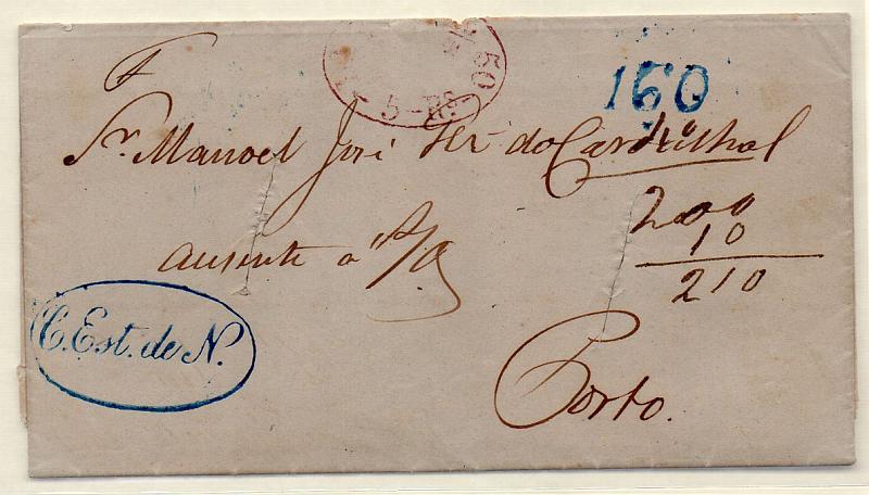 0324.jpg -     Lote:    324            Portugal        Descrição:      Lisboa * Cartas Estrangeiras de Navio   &mdash; A azul, GM LSB CEst2 em carta datada do Rio de Janeiro (17.04.50) para o Porto com trânsito por Lisboa, com o porte 160 reis batido a azul aplicado em Lisboa e emendado no Porto para 200 reis (160 reis + 40 reis do porte territorial) manuscrito a sépia + 10 reis de imposto de selo. Selo fixo do Imposto Postal tipo I1 5 reis batido a violeta, aplicado indevidamente em Lisboa. Carta desinfectada.        Carta       Valor Base:     &euro; 25,00     Valor Venda:     &euro; 200,00     