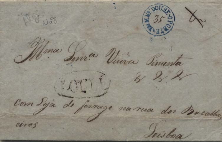 0325.jpg -     Lote:    325            Portugal        Descrição:      Loulé   &mdash; A sépia, GM LLE2 em carta datada de Loulé (07.12.45) para Lisboa (10.12.45) com o porte de 60 reis manuscrito a sépia, emendado à chegada ao destino. Marca batida a azul "EMENDOU-SE O PORTE / 35" &mdash; GM LSB-CP. B.        Carta       Valor Base:     &euro; 50,00     Valor Venda:     &euro; 80,00     