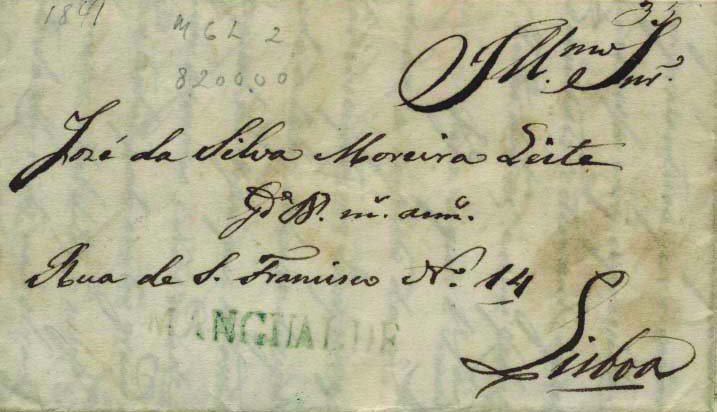0327.jpg -     Lote:    327            Portugal        Descrição:      Mangualde   &mdash; A verde, GM MGL2 em carta datada de Mangualde (04.01.41) para Lisboa (08.01.41) com o porte de 35 reis manuscrito a sépia.        Carta       Valor Base:     &euro; 15,00     Valor Venda:     Retirado     