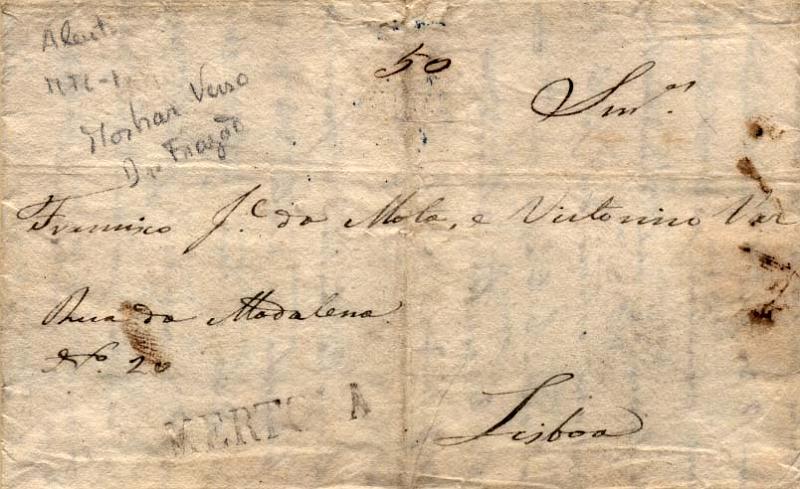 0329.jpg -     Lote:    329            Portugal        Descrição:      Mértola   &mdash; A preto, GM MTL1 em carta datada de Alcoutim (15.12.39) para Lisboa (27.12.39) com o porte de 50 reis manuscrito a sépia.         Carta       Valor Base:     &euro; 30,00     Valor Venda:     Retirado     