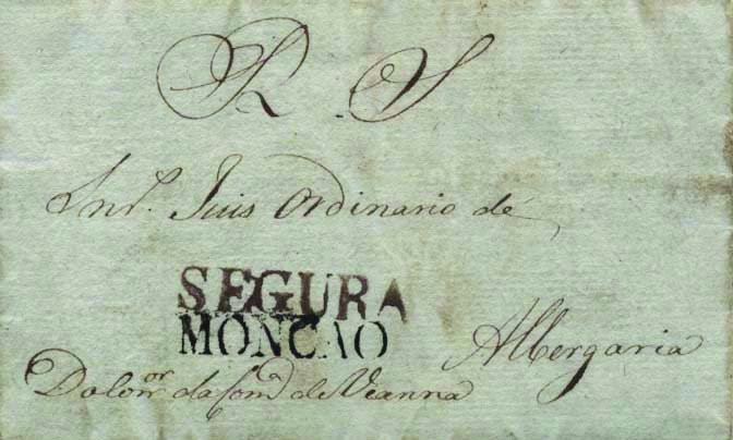 0331.jpg -     Lote:    331            Portugal        Descrição:      Monção / Segura   &mdash; A preto, GM MNC1 + SEGURA a sépia não catalogada, em carta datada de Monção (18.07.17) para Albergaria, isenta de porte. MB e MR.        Carta       Valor Base:     &euro; 750,00     Valor Venda:     &euro; 750,00     