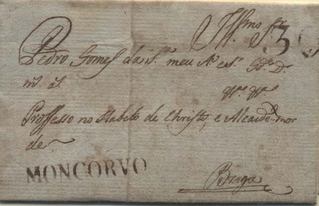 0333.jpg -     Lote:    333            Portugal        Descrição:      Moncorvo   &mdash; A sépia, GM TMC1, em carta datada de Mogadouro (22.05.1812) para Braga, com o porte de 30 reis batido a sépia.        Carta       Valor Base:     &euro; 25,00     Valor Venda:     &euro; 65,00     