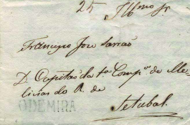 0335.jpg -     Lote:    335            Portugal        Descrição:      Odemira   &mdash; A preto, GM ODM1 em carta datada de Odemira (18.01.32) para Setúbal, com o porte de 25 reis manuscrito a sépia.        Carta       Valor Base:     &euro; 60,00     Valor Venda:     Retirado     