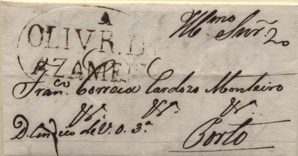 0336.jpg -     Lote:    336            Portugal        Descrição:      Oliveira de Azeméis   &mdash; A sépia, GM OAZ2, em carta datada de Oliveira de Azeméis (27.10.1828) para o Porto, com o porte de 20 reis manuscrito a sépia. B.        Carta       Valor Base:     &euro; 40,00     Valor Venda:     &euro; 55,00     