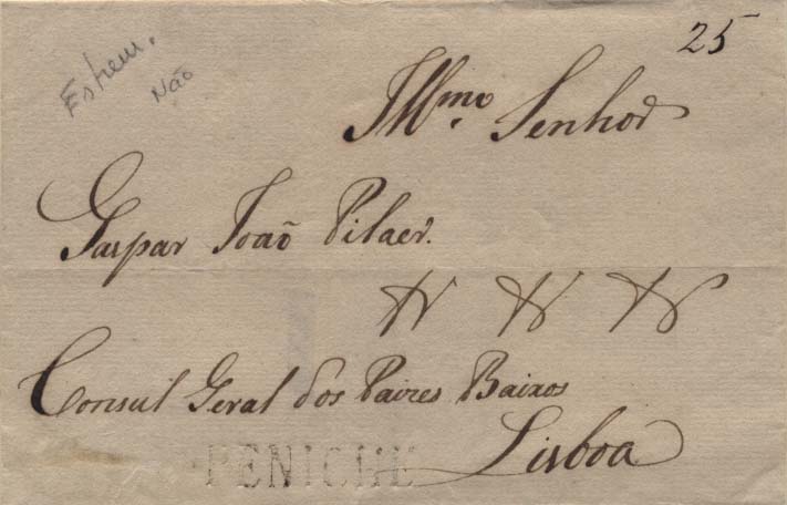 0339.jpg -     Lote:    339            Portugal        Descrição:      Peniche   &mdash; A preto, GM PNI1 em carta datada de Peniche (11.07.20) para Lisboa com o porte de 25 reis manuscrito a sépia.        Carta       Valor Base:     &euro; 25,00     Valor Venda:     &euro; 25,00     