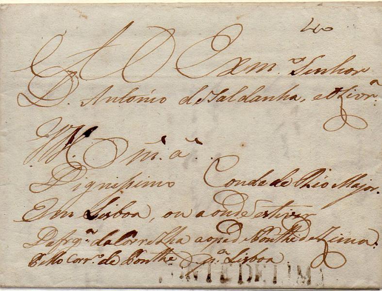 0342.jpg -     Lote:    342            Portugal        Descrição:      Ponte de Lima   &mdash; A sépia (cor não catalogada), GM PTL1 em carta datada de Ponte de Lima (08.06.??) para Lisboa com o porte de 40 reis manuscrito a sépia.        Carta       Valor Base:     &euro; 20,00     Valor Venda:     Retirado     