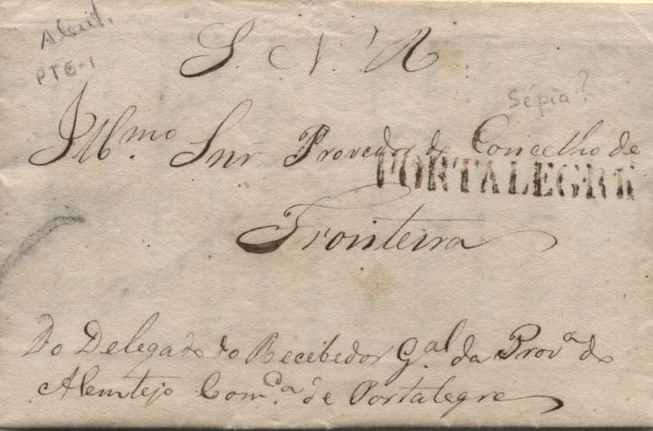 0345.jpg -     Lote:    345            Portugal        Descrição:      Portalegre   &mdash; A sépia, GM PTG1 em carta datada de Portalegre (19.09.34) para Fronteira, isenta de porte (S.N.R.).        Carta       Valor Base:     &euro; 50,00     Valor Venda:     Retirado     