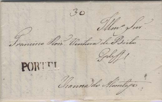 0346.jpg -     Lote:    346            Portugal        Descrição:      Portel   &mdash; A sépia, GM PRL1 em carta datada de Portel (16.08.37) para Viana do Alentejo com o porte de 30 reis manuscrito a sépia.        Carta       Valor Base:     &euro; 60,00     Valor Venda:     &euro; 60,00     