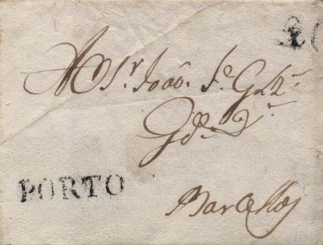 0349.jpg -     Lote:    349            Portugal        Descrição:      Porto   &mdash; A preto, GM PRT6 em carta datada do Porto (02.08.1800) para Barcelos com o porte de 20 reis batido a preto. MB.        Carta       Valor Base:     &euro; 15,00     Valor Venda:     &euro; 16,00     