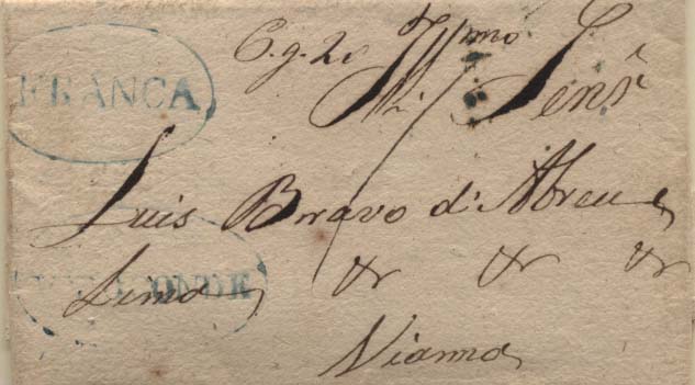 0371.jpg -     Lote:    371            Portugal        Descrição:      Vila do Conde / Franca   &mdash; A azul, GM VCD-PP1 + VCD4, em carta remetida de Vila do Conde (04.03.1853) para Viana do Castelo com trânsito pelo Porto (15.03.53). Inscrição manuscrita a sépia "P.g. 20". MB e MR.        Carta       Valor Base:     &euro; 150,00     Valor Venda:     Retirado     