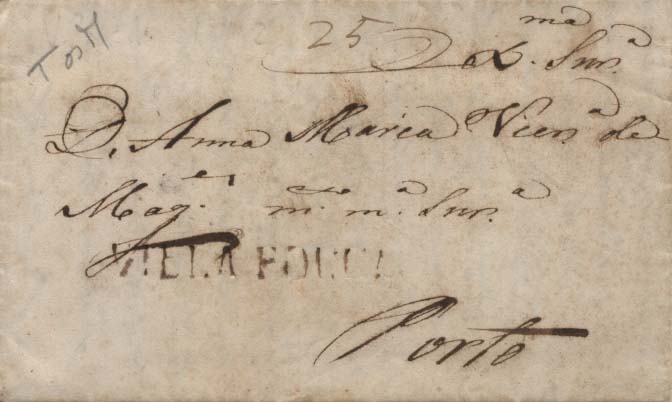 0377.jpg -     Lote:    377            Portugal        Descrição:      Vila Pouca   &mdash; A sépia, GM VPA1 em carta datada de Vila Pouca de Aguiar (12.07.42) para o Porto com o porte de 25 reis manuscrito a sépia.        Carta       Valor Base:     &euro; 35,00     Valor Venda:     Retirado     