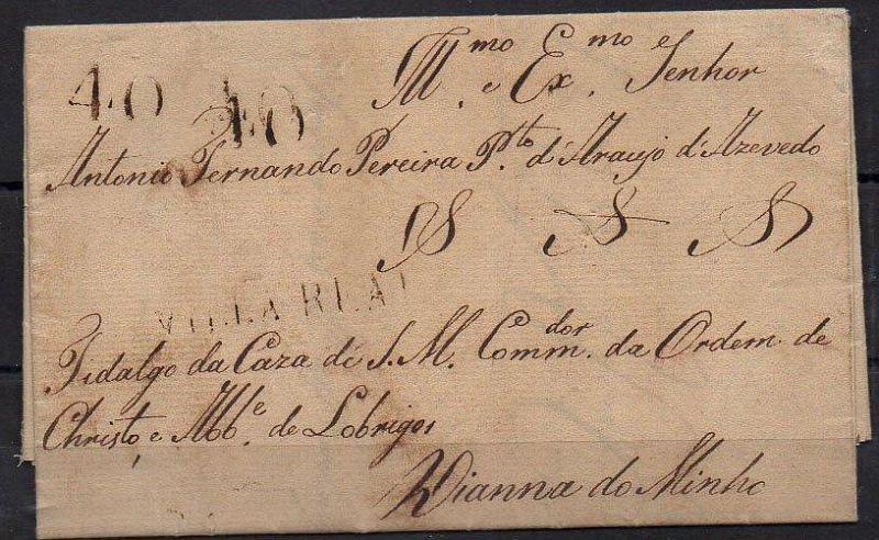 0378.jpg -     Lote:    378            Portugal        Descrição:      Vila Real   &mdash; A sépia, GM VRL1 em carta datada de Lobrigos (31.03.1819) para Viana do Castelo, com o porte de 40 reis batido a sépia.        Carta       Valor Base:     &euro; 15,00     Valor Venda:     &euro; 16,00     