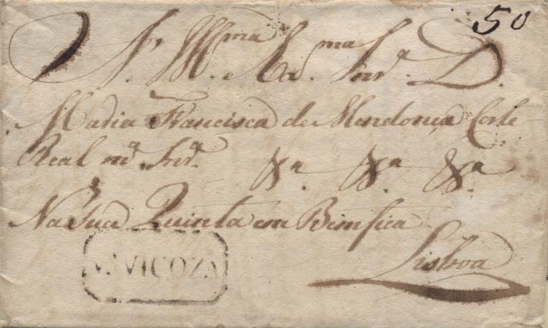 0384.jpg -     Lote:    384            Portugal        Descrição:      Vila Viçosa   &mdash; A sépia, GM VVC4 em carta datada de Vila Viçosa (27.03.31) para Lisboa, com o porte de 50 reis, manuscrito a sépia.        Carta       Valor Base:     &euro; 25,00     Valor Venda:     &euro; 28,00     