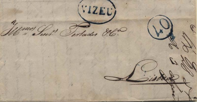 0386.jpg -     Lote:    386            Portugal        Descrição:      Viseu   &mdash; A azul, GM VIS7, em carta datada de Viseu (25.07.47) para Lisboa (28.07.47) com o porte de 40 reis batido a azul. MB.        Carta       Valor Base:     &euro; 15,00     Valor Venda:     Retirado     