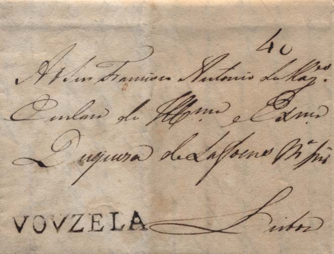 0388.jpg -     Lote:    388            Portugal        Descrição:      Vouzela   &mdash; A sépia, GM VZL1 em carta datada de Vouzela (29.03.16) para Lisboa, com o porte manuscrito a sépia de 40 reis. MB.        Carta       Valor Base:     &euro; 50,00     Valor Venda:     &euro; 80,00     