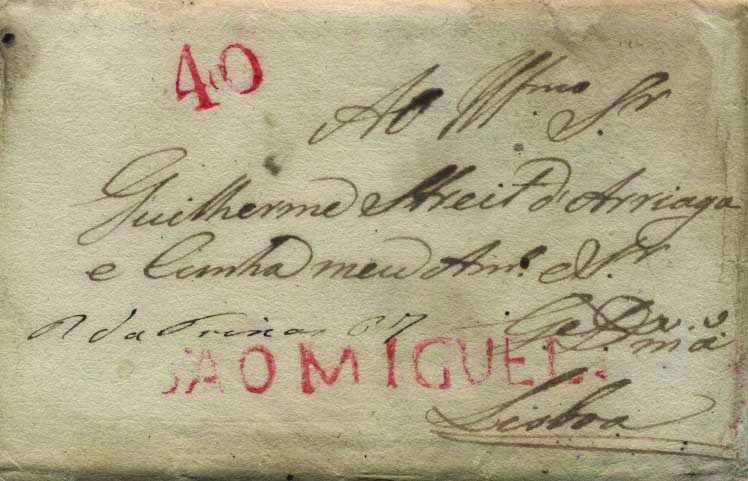 0389.jpg -     Lote:    389            Açores       Descrição:      São Miguel   &mdash; A vermelho, GM PDL1 em carta datada de São Miguel (18.10.25) para Lisboa, com o porte de 40 reis batido a vermelho. MR.        Carta       Valor Base:     &euro; 400,00     Valor Venda:     &euro; 1300,00     