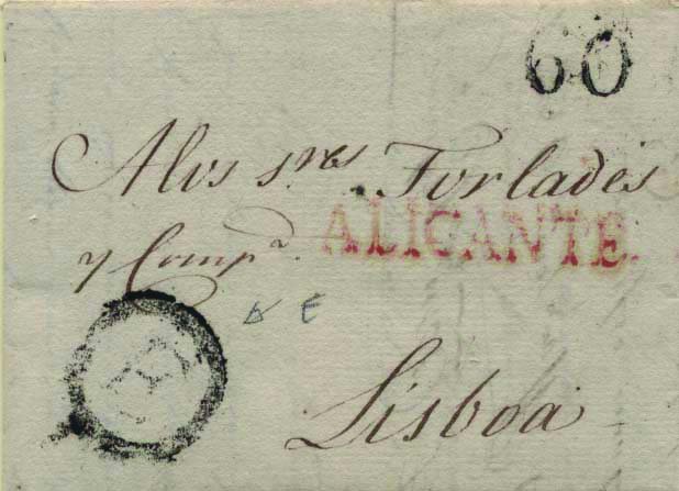 0390.jpg -     Lote:    390            Portugal        Descrição:      Lisboa * Indicativos de Origem Estrangeira * E (Espanha)   &mdash; A preto, GM LSB OE1 em carta datada de Alicante (16.02.1800) para Lisboa, com o porte de 60 reis batido a preto.        Carta       Valor Base:     &euro; 40,00     Valor Venda:     Retirado     