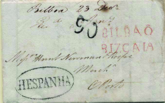 0391.jpg -     Lote:    391            Portugal        Descrição:      Lisboa * Indicativos de Origem Estrangeira * Hespanha   &mdash; A preto, GM LSB OE3 em carta datada de Bilbau (23.12.14) para Lisboa, com o porte de 90 reis batido a preto.        Carta       Valor Base:     &euro; 30,00     Valor Venda:     Retirado     