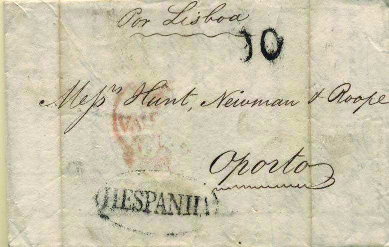 0392.jpg -     Lote:    392            Portugal        Descrição:      Lisboa / Hespanha   &mdash; A preto, GM LSB OE3 em carta circulada de Valência (04.04.1818) para o Porto, porteada em 90 reis, a preto.        Carta       Valor Base:     &euro; 25,00     Valor Venda:     Retirado     