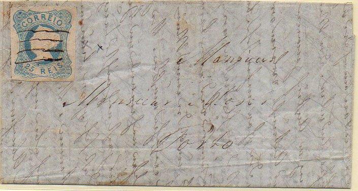 0393.jpg -     Lote:    393            Portugal        Descrição:         1853 &mdash; D. Maria II. Carta circulada de localidade ilegível (15.07.54) para o Porto, com selo de 25 reis azul esverdeado, com margens normais, CE2. Inutilização a pena do selo.        Carta       Valor Base:     &euro; 75,00     Valor Venda:     &euro; 260,00     