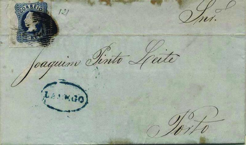 0394.jpg -     Lote:    394            Portugal        Descrição:         1853 &mdash; D. Maria II. CE2, 25 reis azul, cunho II, com boas margens, circulado em carta de Lamego (24.08.54) para o Porto (25.08.54). Carimbo numérico da 1.ª reforma batido a preto "121" e nominativo "LAMEGO" batido a azul.        Carta       Valor Base:     &euro; 25,00     Valor Venda:     Retirado     