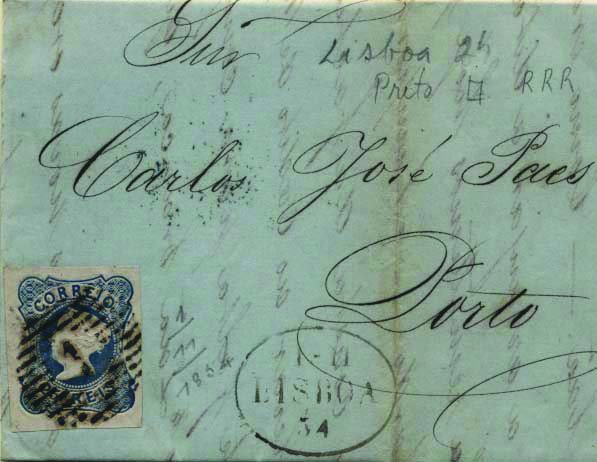 0395.jpg -     Lote:    395            Portugal        Descrição:         1853 &mdash; D. Maria II. CE2, 25 reis azul, cunho I, com boas margens, circulado em carta de Lisboa (01.11.54) para o Porto (02.11.54). Carimbo do período pré-adesivo batido a preto GM LSB 24, usado no serviço do correio marítimo. MB.        Carta       Valor Base:     &euro; 30,00     Valor Venda:     &euro; 30,00     