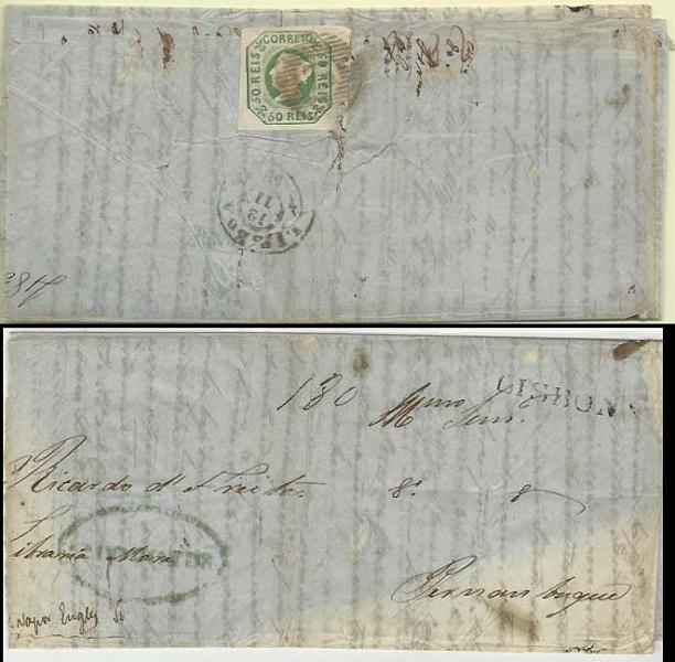 0396.jpg -     Lote:    396            Portugal        Descrição:         1853 &mdash; D. Maria II. CE3, 50 reis verde (pagamento do duplo porte territorial) em carta circulada de Vila do Conde para Pernambuco (porteada com 180 reis) com trânsito por Lisboa (12.11.55). Selo com boas margens e pequenos defeitos no bordo direito. Na frente carimbo nominativo batido a verde de "V.ª DO CONDE" &mdash; GM VCD3  e marca do agente inglês em Lisboa, batido a preto "LISBON". Carta com cortes de desinfecção e alguns defeitos. Lote a ver.        Carta       Valor Base:     &euro; 250,00     Valor Venda:     &euro; 320,00     