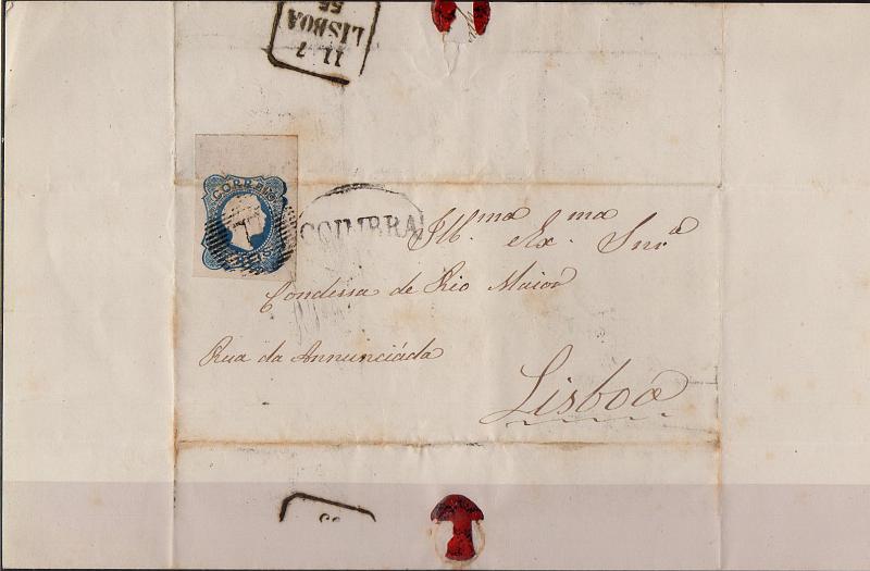 0397.jpg -     Lote:    397            Portugal        Descrição:         1855/56 &mdash; D. Pedro V. Cabelos lisos. CE6, 25 reis azul, tipo I (bordo de folha e com as outras margens muito largas) em carta circulada de Coimbra para Lisboa (11.07.55). Carimbos da 1.ª reforma "77" e nominativo de COIMBRA (GM CBR11) batidos a preto.        Carta       Valor Base:     &euro; 25,00     Valor Venda:     &euro; 25,00     