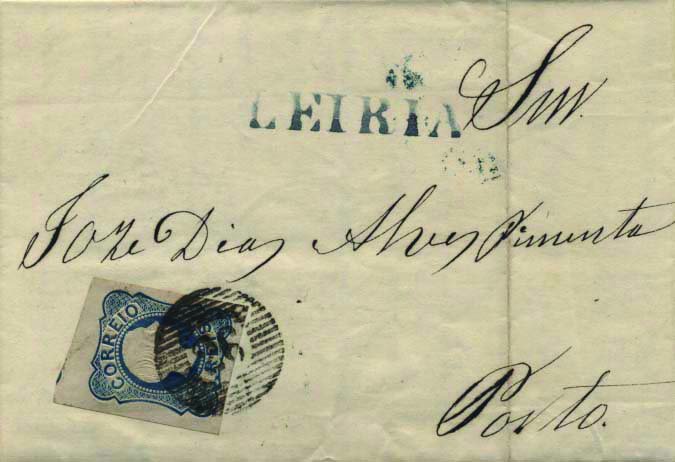 0398.jpg -     Lote:    398            Portugal        Descrição:         1855/56 &mdash; D. Pedro V. Cabelos lisos. CE6, 25 reis azul com boas margens em carta circulada de Leiria (25.04.55) para o Porto (27.04.55). Carimbo nominativo de Leiria batido a azul (GM LRA4).        Carta       Valor Base:     &euro; 15,00     Valor Venda:     &euro; 20,00     