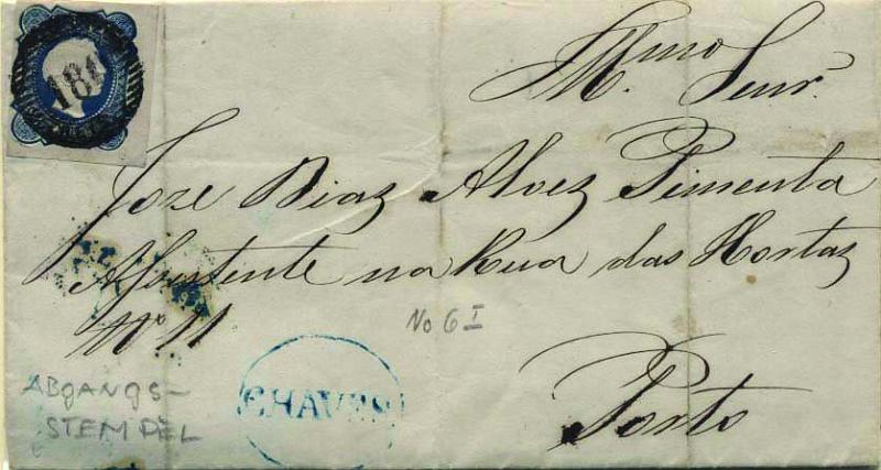 0399.jpg -     Lote:    399            Portugal        Descrição:         1855/56 &mdash; D. Pedro V. Cabelos lisos. CE6, 25 reis azul com boas margens em carta circulada de Chaves (04.06.55) para o Porto (07.06.55). Carimbo nominativo de Chaves batido a azul (GM CHV4).        Carta       Valor Base:     &euro; 15,00     Valor Venda:     &euro; 16,00     