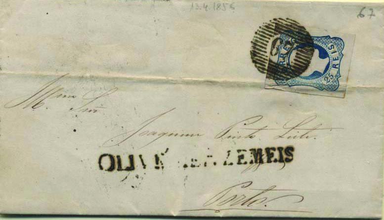 0400.jpg -     Lote:    400            Portugal        Descrição:         1856/58 &mdash; D. Pedro V. Cabelos lisos. CE7 25 reis azul, pérolas juntas (com margens de luxo), em carta circulada de Oliveira de Azeméis (12.04.56) para o Porto (13.04.56). Carimbo numérico da 1.ª reforma "67" tipo 6.9.6 e nominativo "OLIVEIRA DE AZEMEIS", batidos a preto.        Carta       Valor Base:     &euro; 25,00     Valor Venda:     &euro; 25,00     