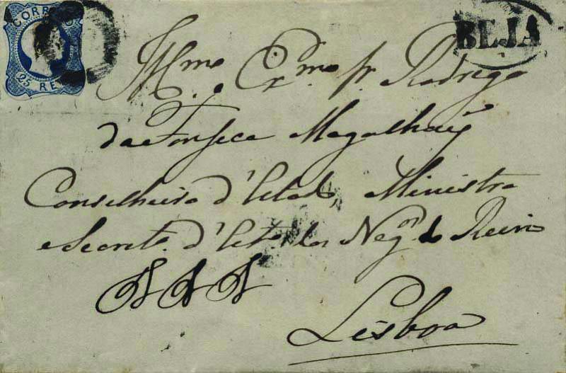 0403.jpg -     Lote:    403            Portugal        Descrição:         1856/58 &mdash; D. Pedro V. Cabelos lisos. CE7 25 reis azul, pérolas juntas (com margens curtas), em carta circulada de Beja para Lisboa (10.03.56). Carimbo numérico da 1.ª reforma "192" tipo 5.10.5 e nominativo "BEJA", batidos a preto.        Carta       Valor Base:     &euro; 20,00     Valor Venda:     &euro; 20,00     