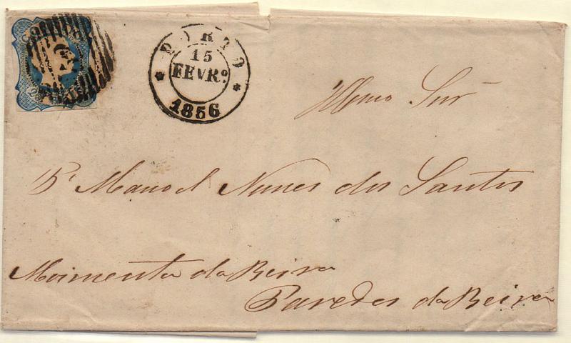 0404.jpg -     Lote:    404            Portugal        Descrição:         1855/56 &mdash; D. Pedro V. Cabelos lisos. CE7, 25 reis azul, tipo II (margens curtas) em carta circulada do Porto (15.02.1856) para Paredes da Beira.        Carta       Valor Base:     &euro; 15,00     Valor Venda:     Retirado     