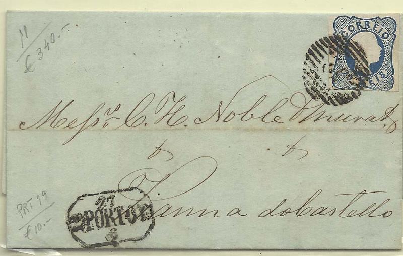 0405.jpg -     Lote:    405            Portugal        Descrição:         1856/58 &mdash; d. Pedro V. Cabelos anelados. CE11, 25 reis azul (linhas simples) em carta circulada do Porto (27.06.56) para Viana do Castelo. Selo com duas margens curtas.        Carta       Valor Base:     &euro; 15,00     Valor Venda:     &euro; 15,00     