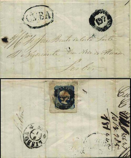 0406.jpg -     Lote:    406            Portugal        Descrição:         1856/58 &mdash; D. Pedro V. Cabelos anelados. CE12 25 reis azul, linhas duplas (com margens de luxo), em carta circulada de Cuba (07.01.58) para Lisboa (28.02.57). Carimbo numérico da 1.ª reforma "197" tipo 5.10.5 e nominativo "CUBA", batidos a preto.        Carta       Valor Base:     &euro; 25,00     Valor Venda:     &euro; 26,00     