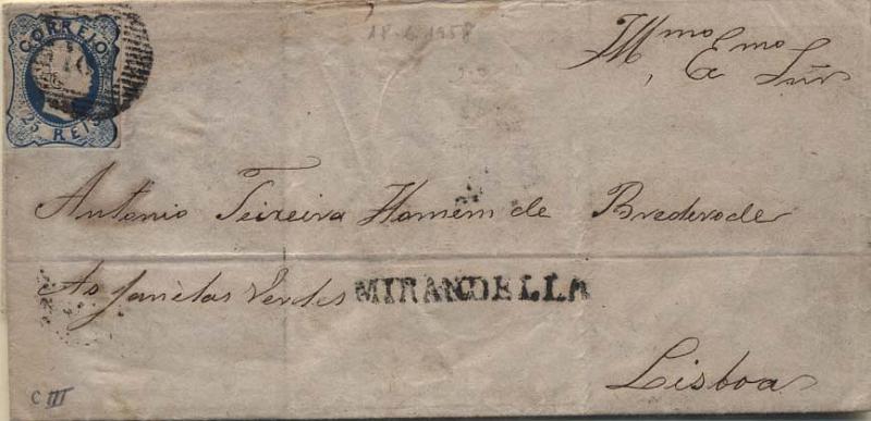 0409.jpg -     Lote:    409            Portugal        Descrição:         1856/58 &mdash; D. Pedro V. Cabelos anelados. CE12, 25 reis azul (linhas duplas), tipo III. Carta circulada de Mirandela (18.06.56) para Lisboa (22.06.58), com trânsito pelo Porto (20.06.58). Selo com margens curtas. Carimbo de barras "184" e nominativo "MIRANDELLA" (GM MCL2), batidos a preto        Carta       Valor Base:     &euro; 15,00     Valor Venda:     &euro; 16,00     