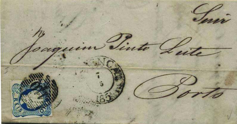 0410.jpg -     Lote:    410            Portugal        Descrição:         1856/58 &mdash; D. Pedro V. Cabelos anelados. CE12 25 reis azul, linhas duplas (com margens curtas), em carta circulada de Valença (07.05..57) para o Porto (08.05.57). Carimbo numérico da 1.ª reforma "110" e datado de "VALENÇA", batidos a azul.        Carta       Valor Base:     &euro; 15,00     Valor Venda:     &euro; 16,00     