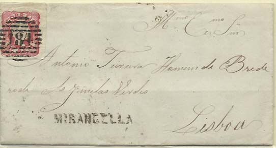 0411.jpg -     Lote:    411            Portugal        Descrição:         1856/58 &mdash; D. Pedro V, cabelos anelados. CE13, 25 reis carmim rosa (margens curtas) em carta circulada de Mirandela para Lisboa (20.05.60). Carimbos batidos a preto "184" e MIRANDELLA (GM MDL2).        Carta       Valor Base:     &euro; 15,00     Valor Venda:     &euro; 15,00     