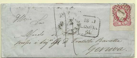 0412.jpg -     Lote:    412            Portugal        Descrição:         1856/58 &mdash; D. Pedro V. Cabelos anelados. CE13, 25 reis carmim rosa (margens largas) para pagamento do porte territorial de sobrescrito remetido de Lisboa (18.11.61) para Génova (28.11.61) com trânsito por Badajoz (20.11.61). MB.        Carta       Valor Base:     &euro; 20,00     Valor Venda:     &euro; 28,00     